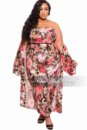 Final Sale Plus Size 3-Piece (Duster, Bandeau Top and Pants) Set in Animal Print with Pink Flowers Flexible Layer Fit