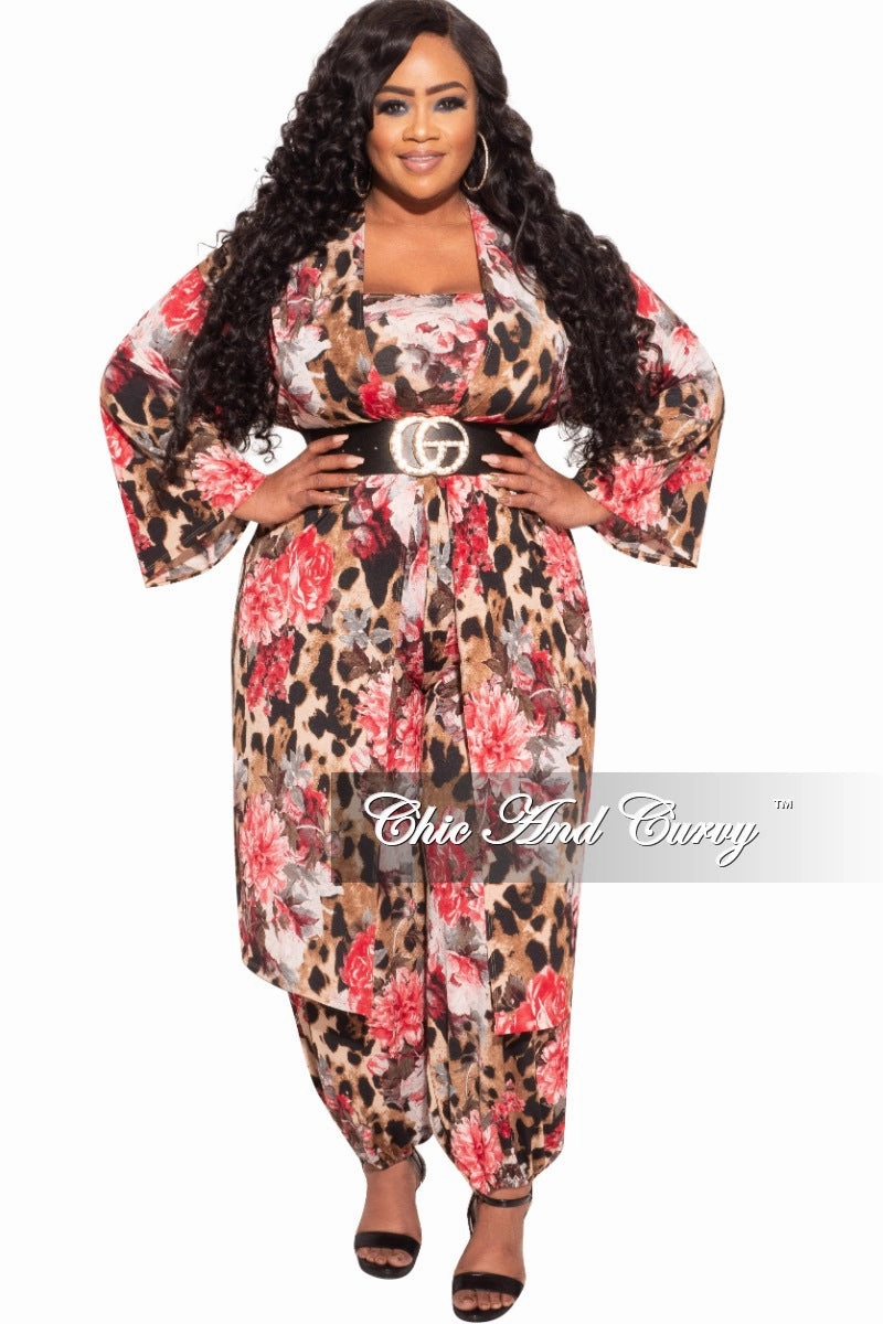 Final Sale Plus Size 3-Piece (Duster, Bandeau Top and Pants) Set in Animal Print with Pink Flowers Non Iron Technology