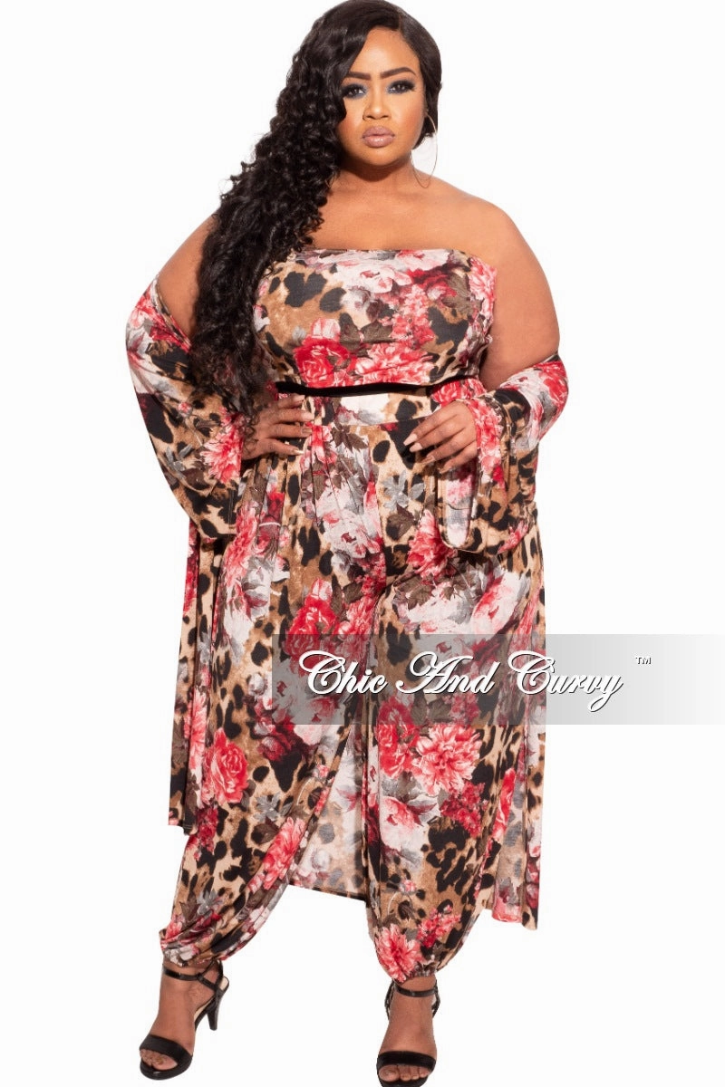 Final Sale Plus Size 3-Piece (Duster, Bandeau Top and Pants) Set in Animal Print with Pink Flowers Chilly Day Comfort WrinkleFreeFinish