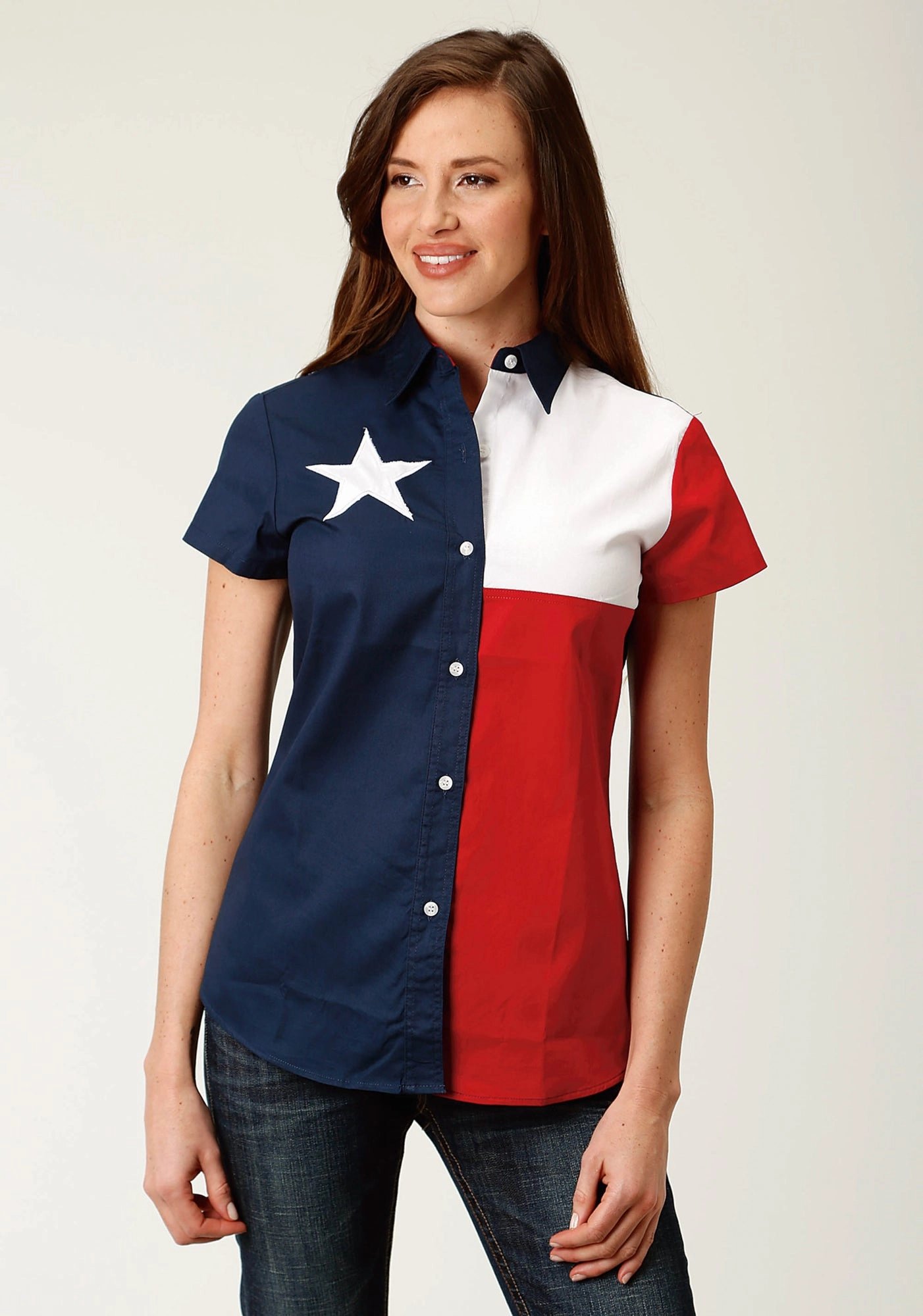 Roper Womens Red/Blue 100% Cotton Texas Flag BD S/S Shirt Abstract print Stretchable Fabric