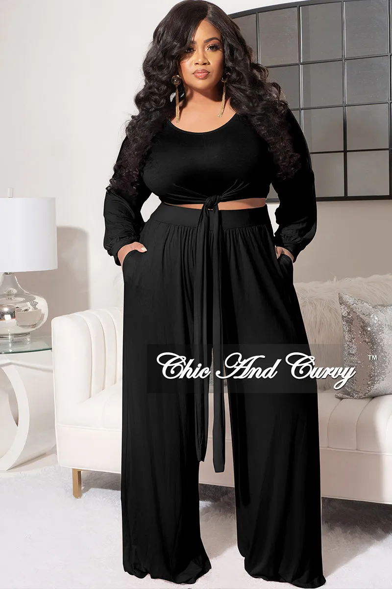 Chill Mode HighWaistSupport Final Sale Plus Size 2pc Long Sleeve Tie Top and Pants Set in Black