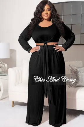 Final Sale Plus Size 2pc Long Sleeve Tie Top and Pants Set in Black Street Active Full Flex