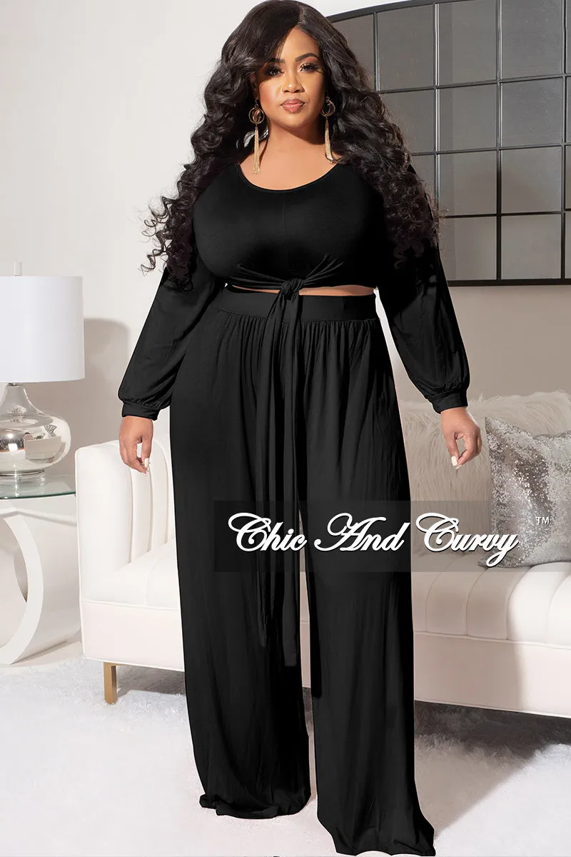 Anti Static Lining Final Sale Plus Size 2pc Long Sleeve Tie Top and Pants Set in Black