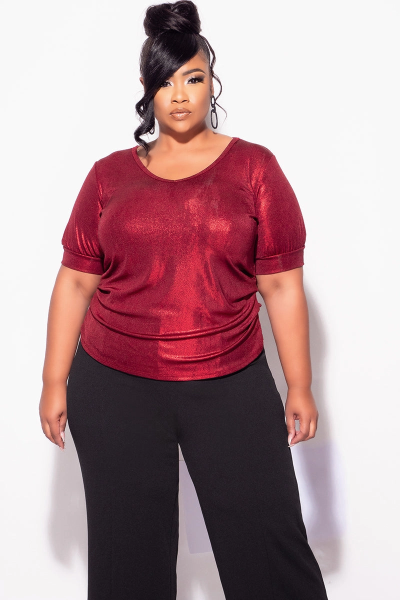 Final Sale Plus Size Blouse in Metallic Red Outdoor Trend Look Relaxed Smart