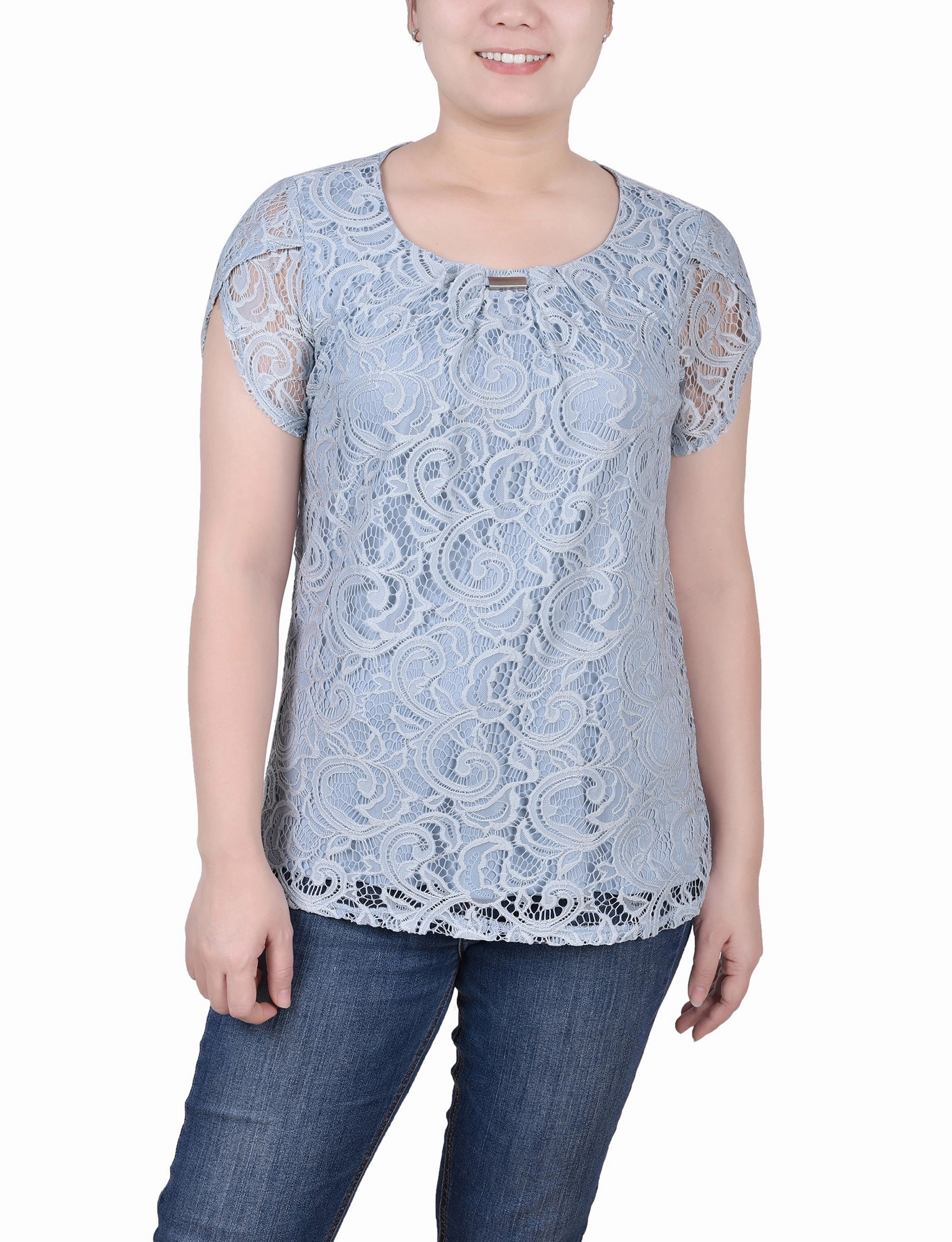 Petite Lace Petal Sleeve Top FlexibleRibbedTrims
