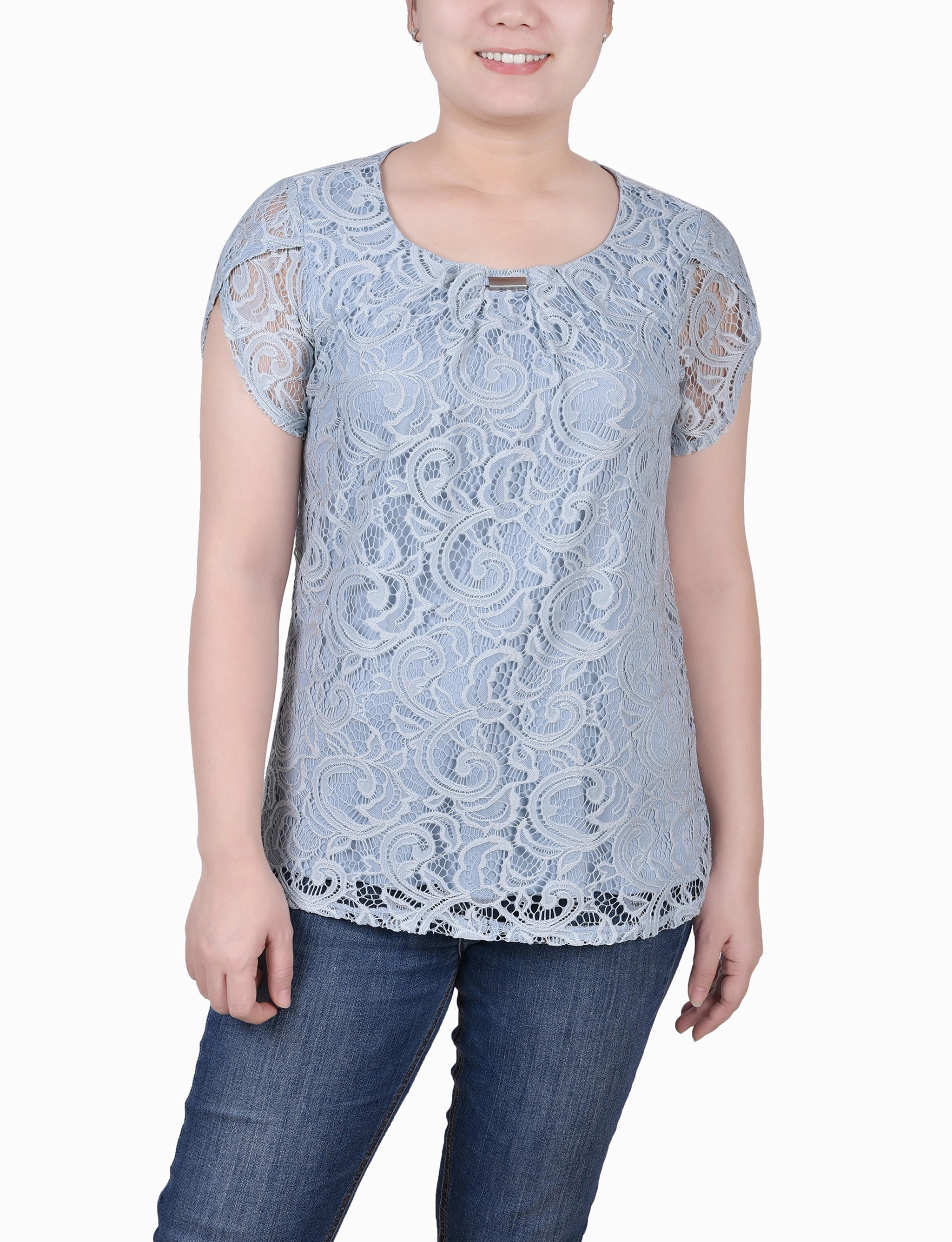 Layered Neckline Petite Lace Petal Sleeve Top