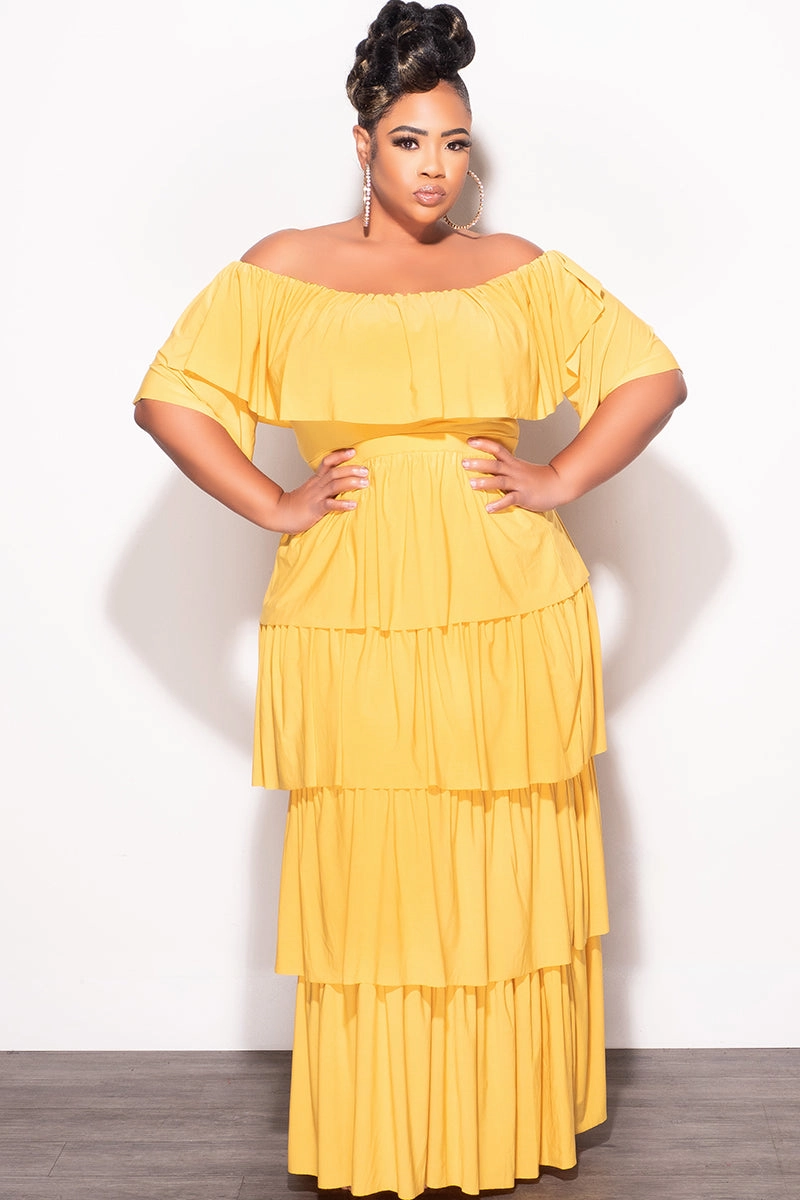Final Sale Plus Size 2pc Ruffle Tiered Off the Shoulder Crop Top Maxi Skirt Set in Mustard Movement Support Street Comfort