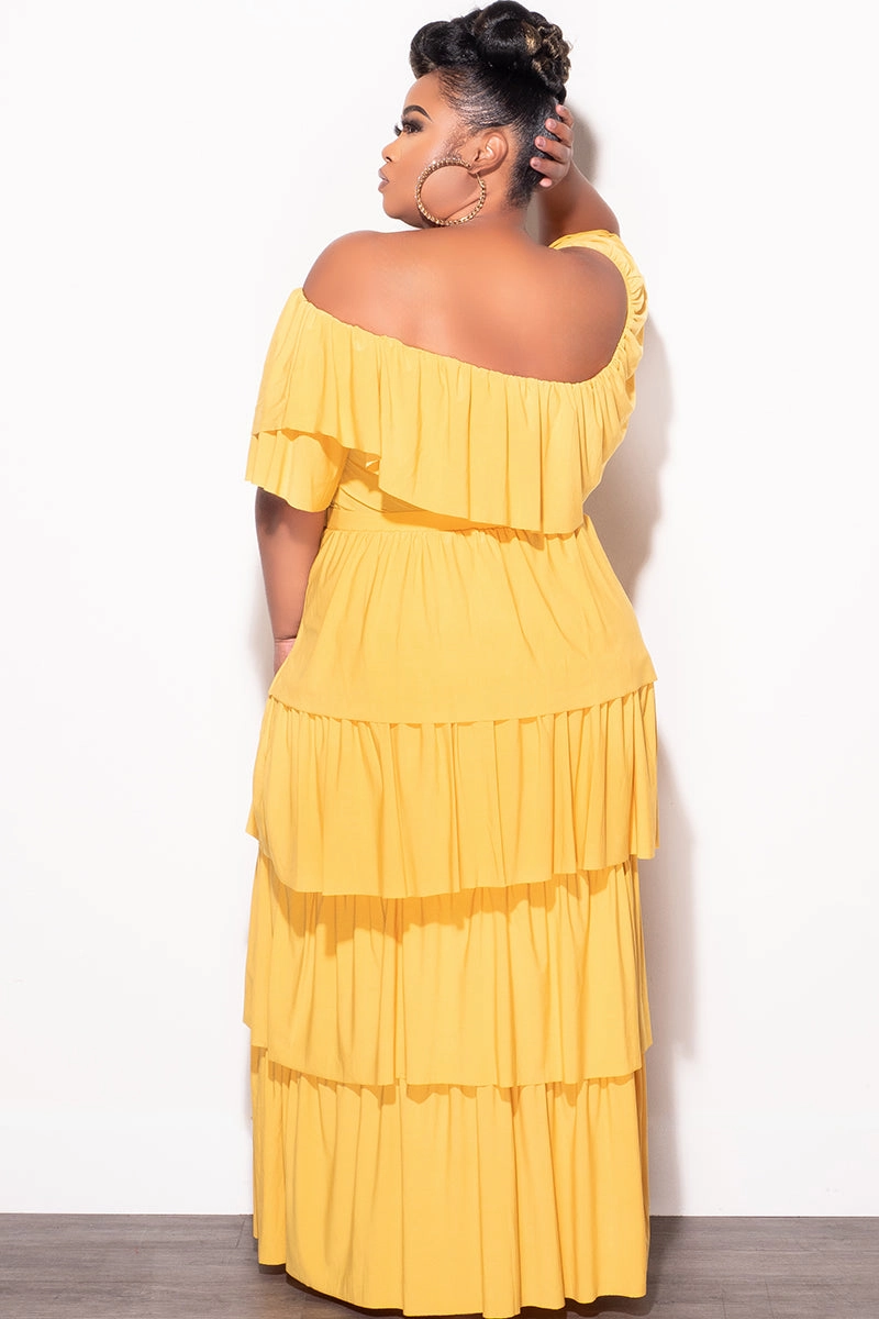 Layered Comfort Classic Fit Final Sale Plus Size 2pc Ruffle Tiered Off the Shoulder Crop Top Maxi Skirt Set in Mustard