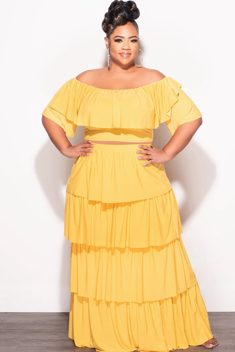 Final Sale Plus Size 2pc Ruffle Tiered Off the Shoulder Crop Top Maxi Skirt Set in Mustard Light Stretch