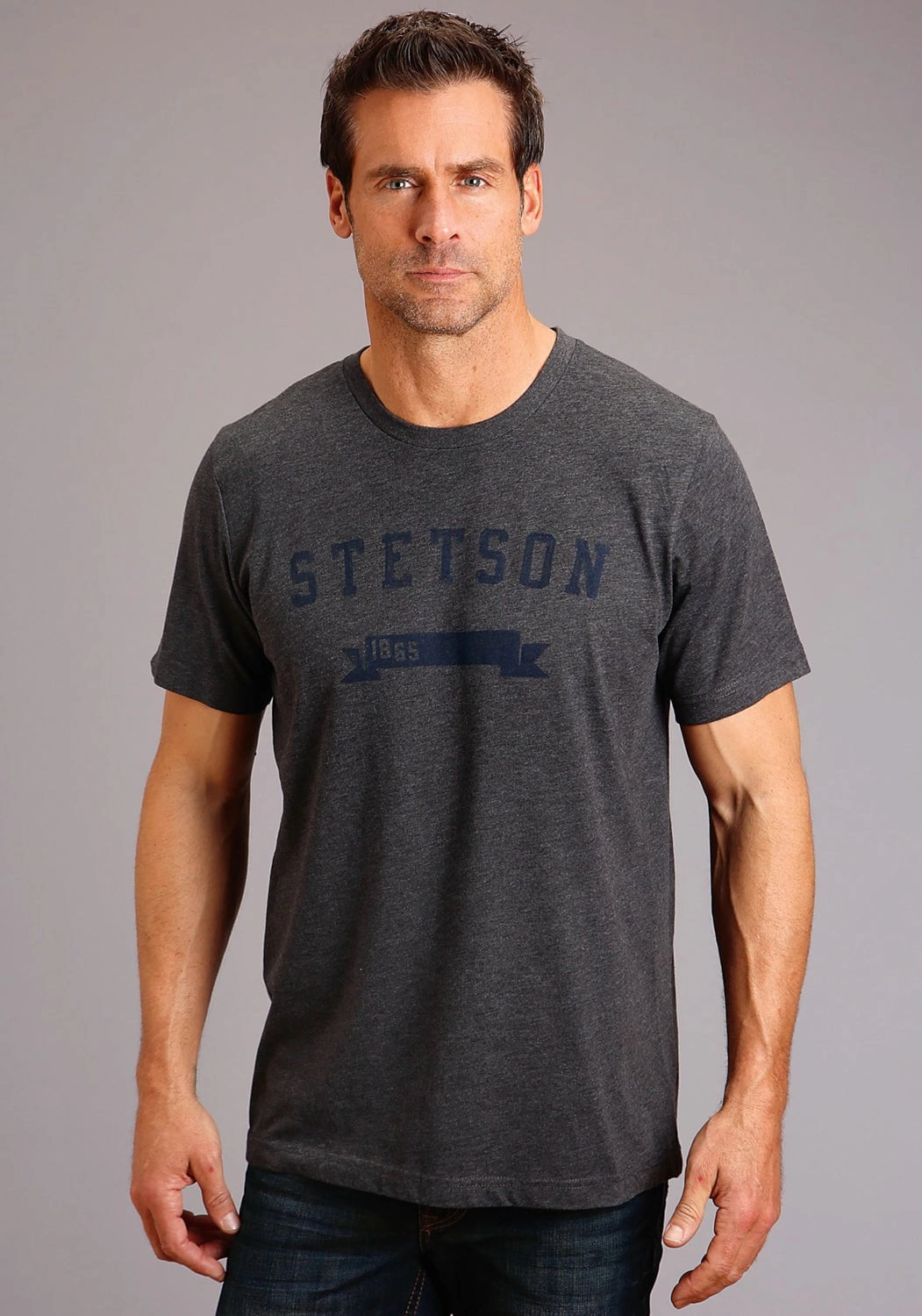 Stetson Mens Dark Grey Cotton Blend Banner 1865 S/S T-Shirt Plus Size Fit Breathable fabric