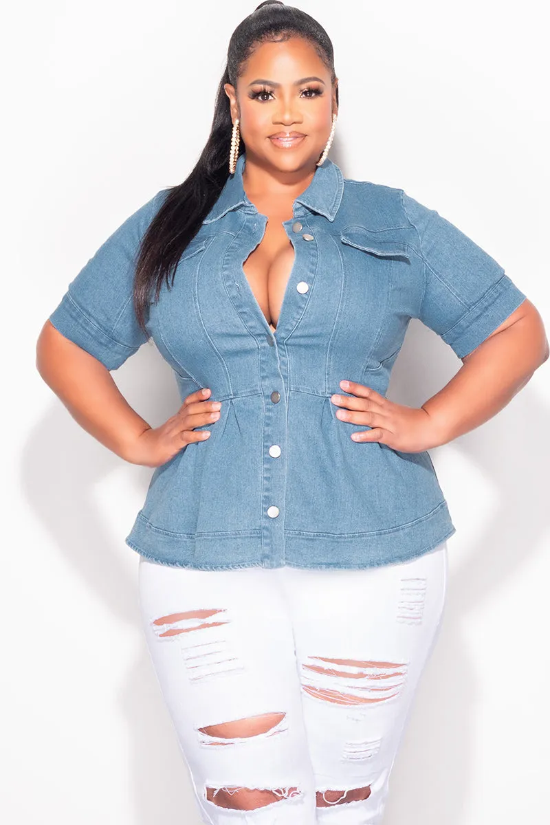 Final Sale Plus Size Collar Button Up Peplum Top in Medium Denim All Time Use