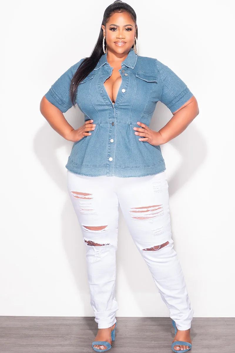 Final Sale Plus Size Collar Button Up Peplum Top in Medium Denim Performance Ready