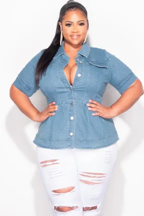 Final Sale Plus Size Collar Button Up Peplum Top in Medium Denim All Time Use