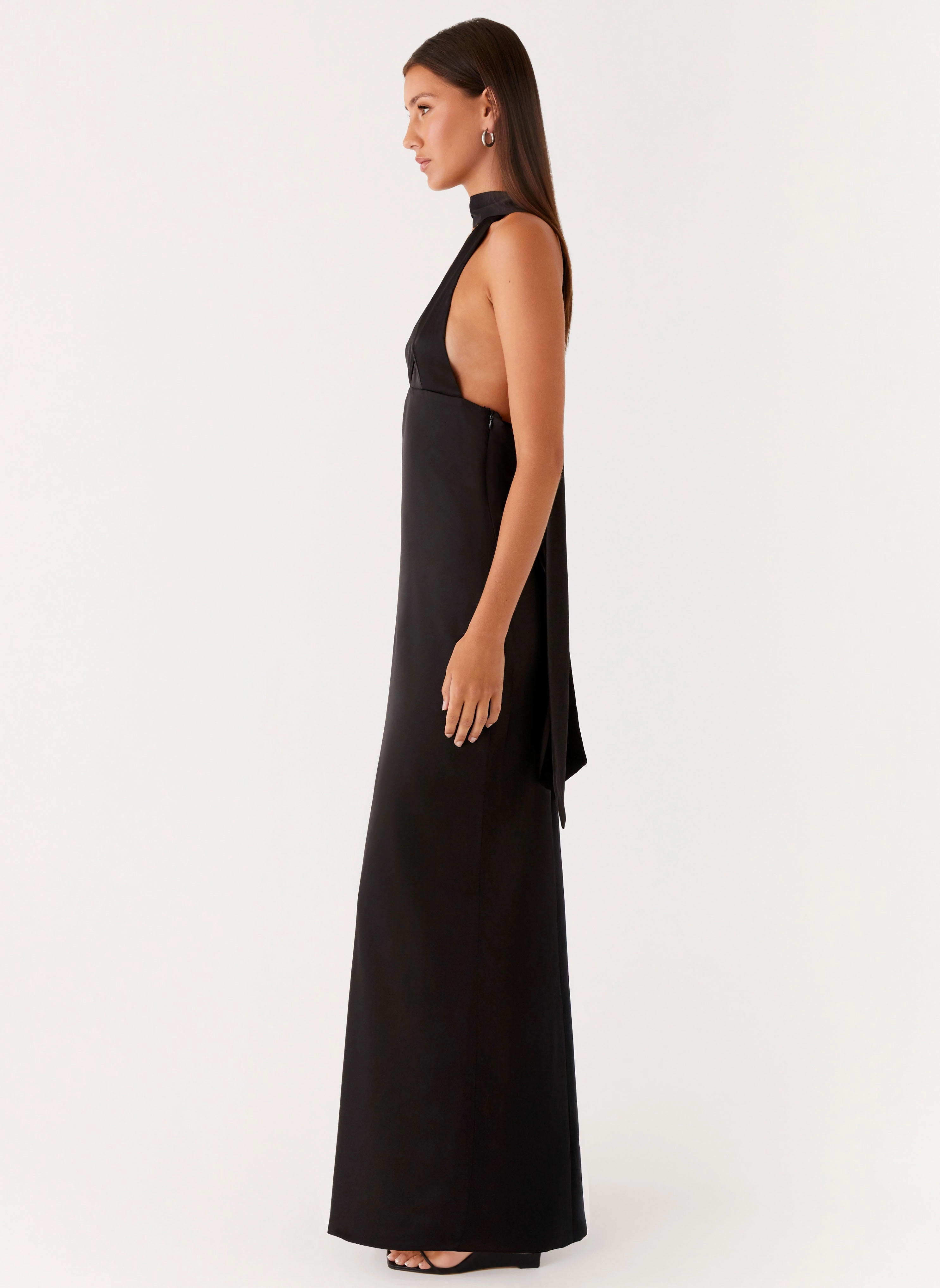 Fresh Form Alicia Satin Halter Maxi Dress - Black Autumn Stroll