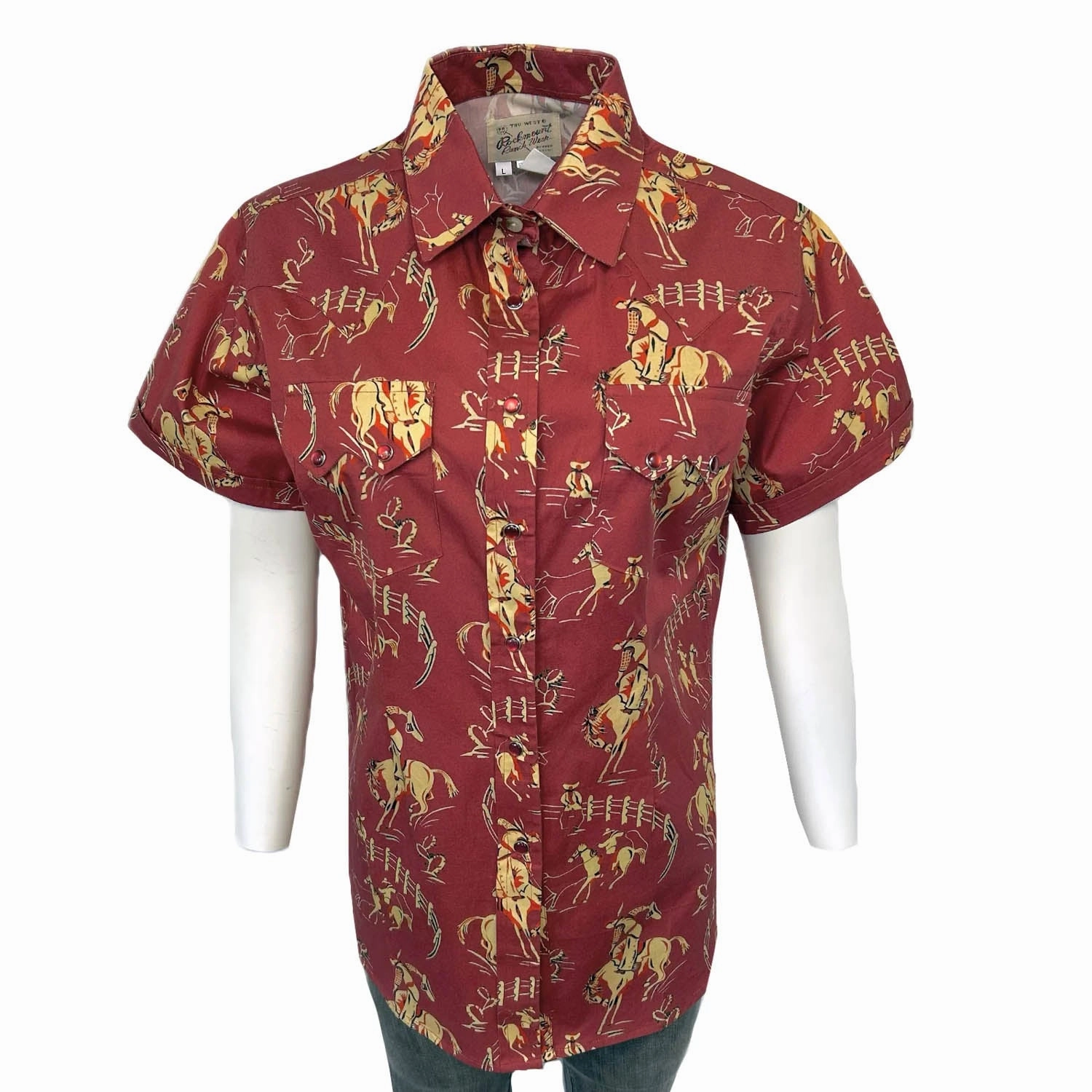 Rockmount Womens Vintage Bronc Print Red 100% Cotton S/S Shirt Trendy Pattern Warm Layers