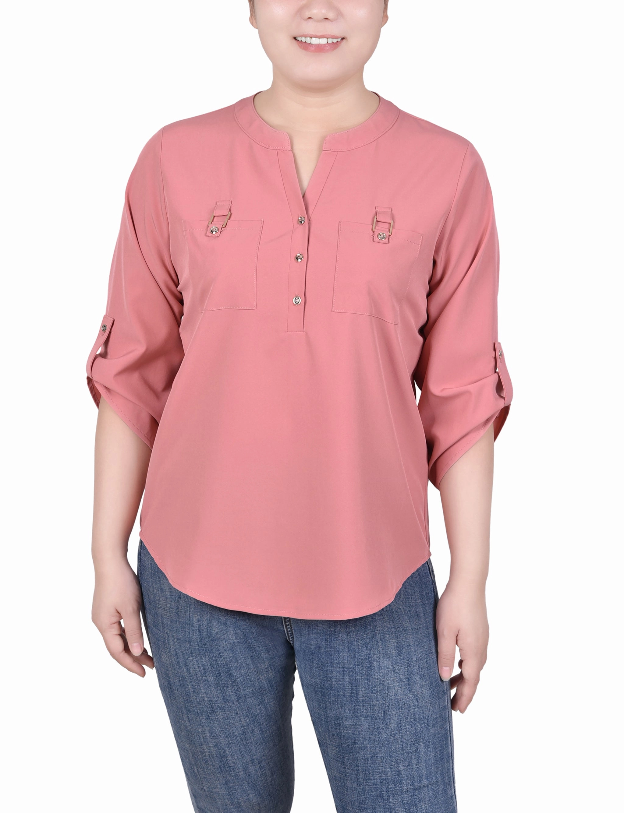 Cozy Blouse ThermalRegulation 3/4 Tabbed Sleeve Y Neck Blouse