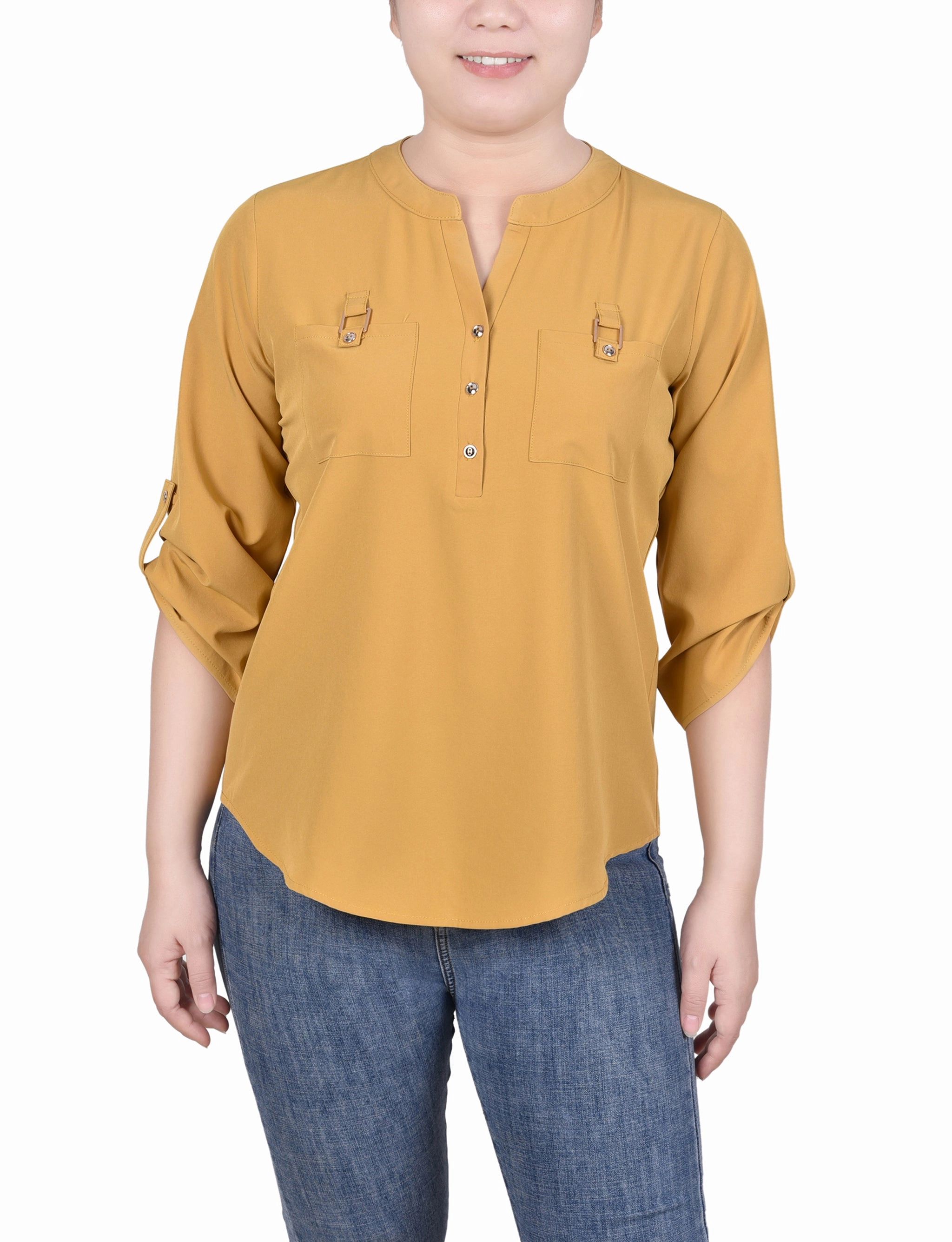 Relaxed Silhouette Moisture Management 3/4 Tabbed Sleeve Y Neck Blouse