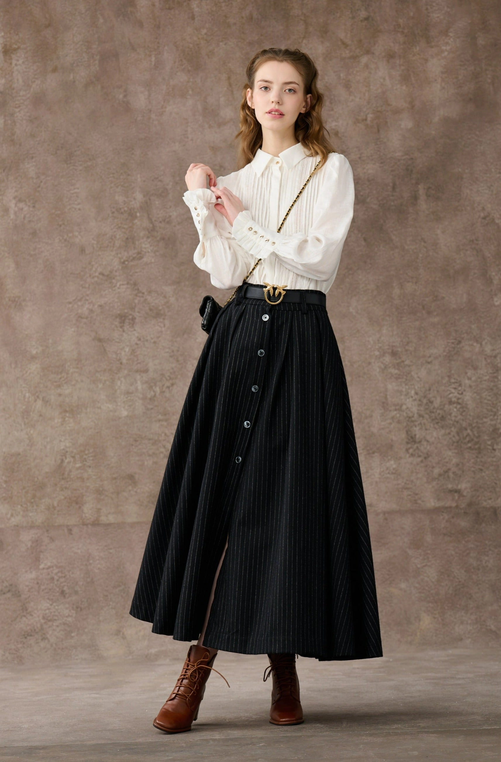 Compact Weave Santal 3 | Striped Wool Skirt in black