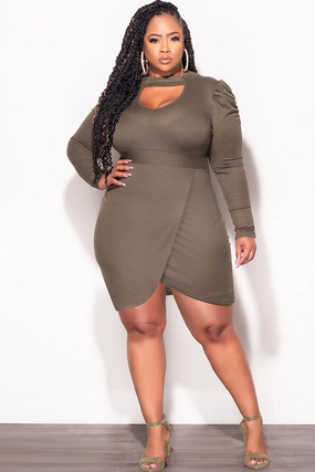 Final Sale Plus Size Long Sleeve Wrap BodyCon Dress with Bust Cutout in Olive (Dress only) Soft Comfort