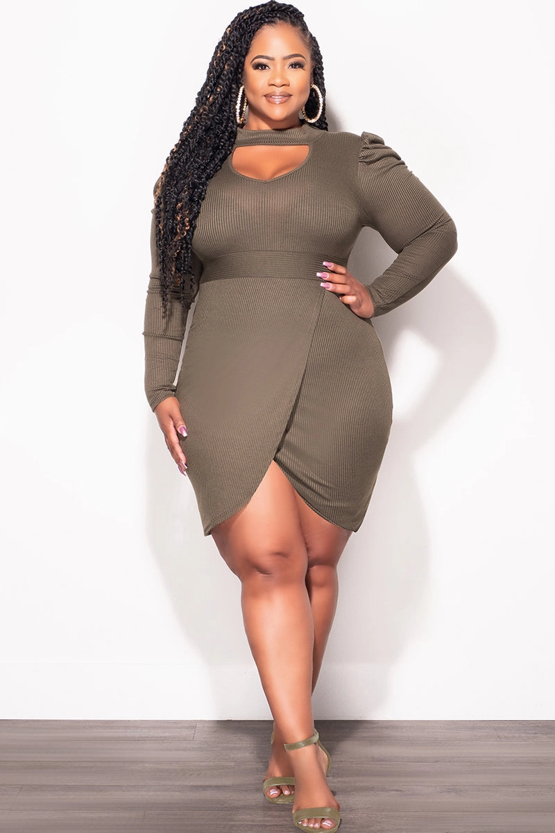 Final Sale Plus Size Long Sleeve Wrap BodyCon Dress with Bust Cutout in Olive (Dress only) Quick-Dry Fabric