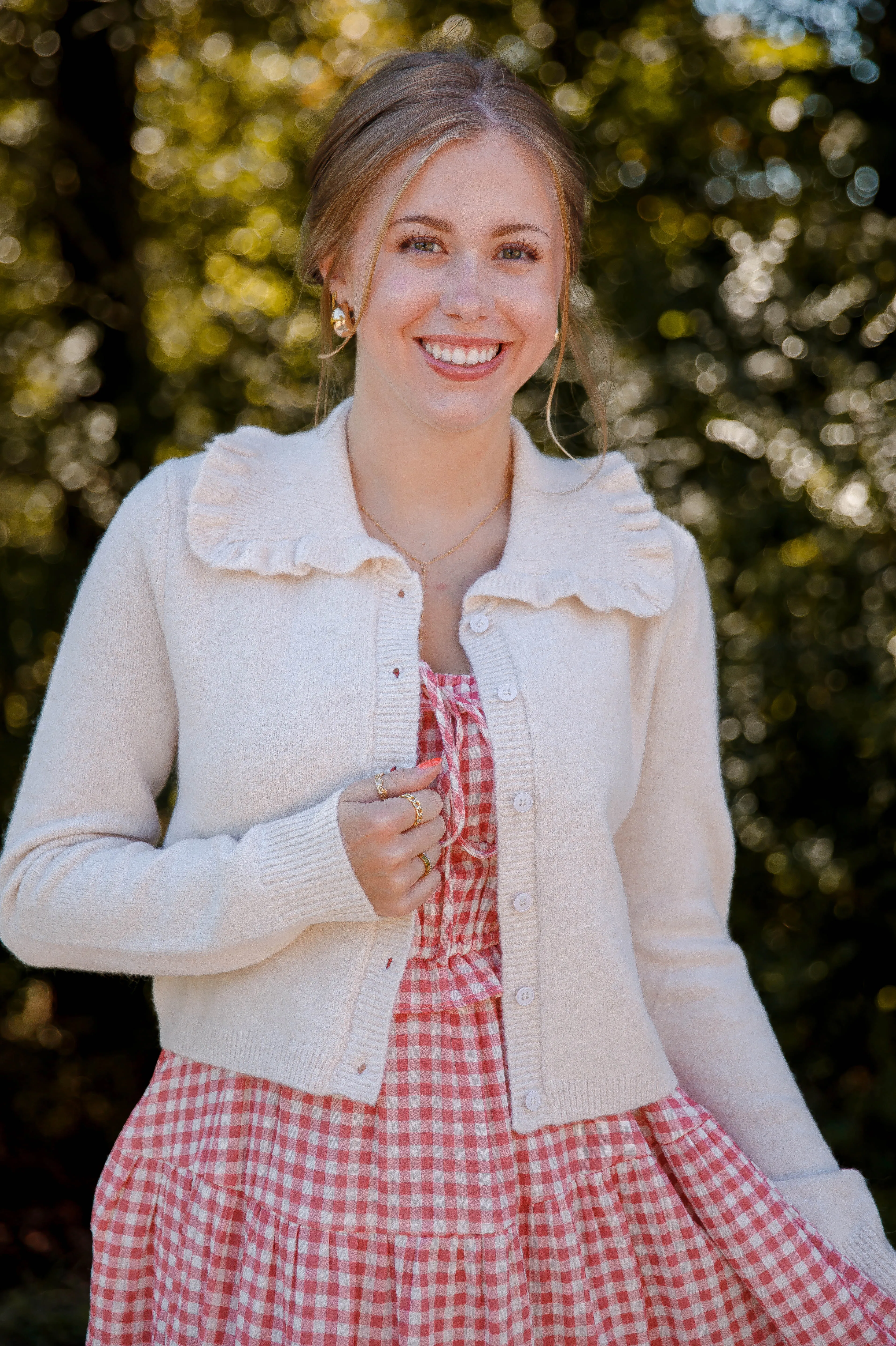 Frills and Thrills Cardigan-Beige Smooth Stitching Comfortable Fabric