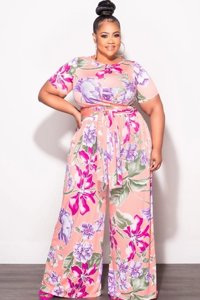 Final Sale Plus Size 2pc Short Sleeve Tie Top and Pants Set in Coral & Lavender Multi Color Print Simple and Cozy