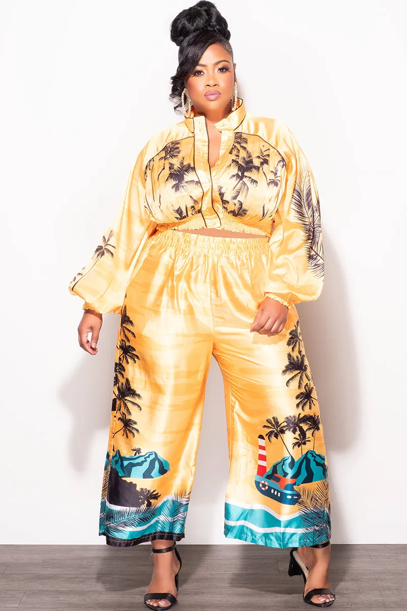 Contrast Trim Flared bottom Final Sale Plus Size 2pc Satin Set with Crop Top and Culottes Pants in Mustard Palm Print