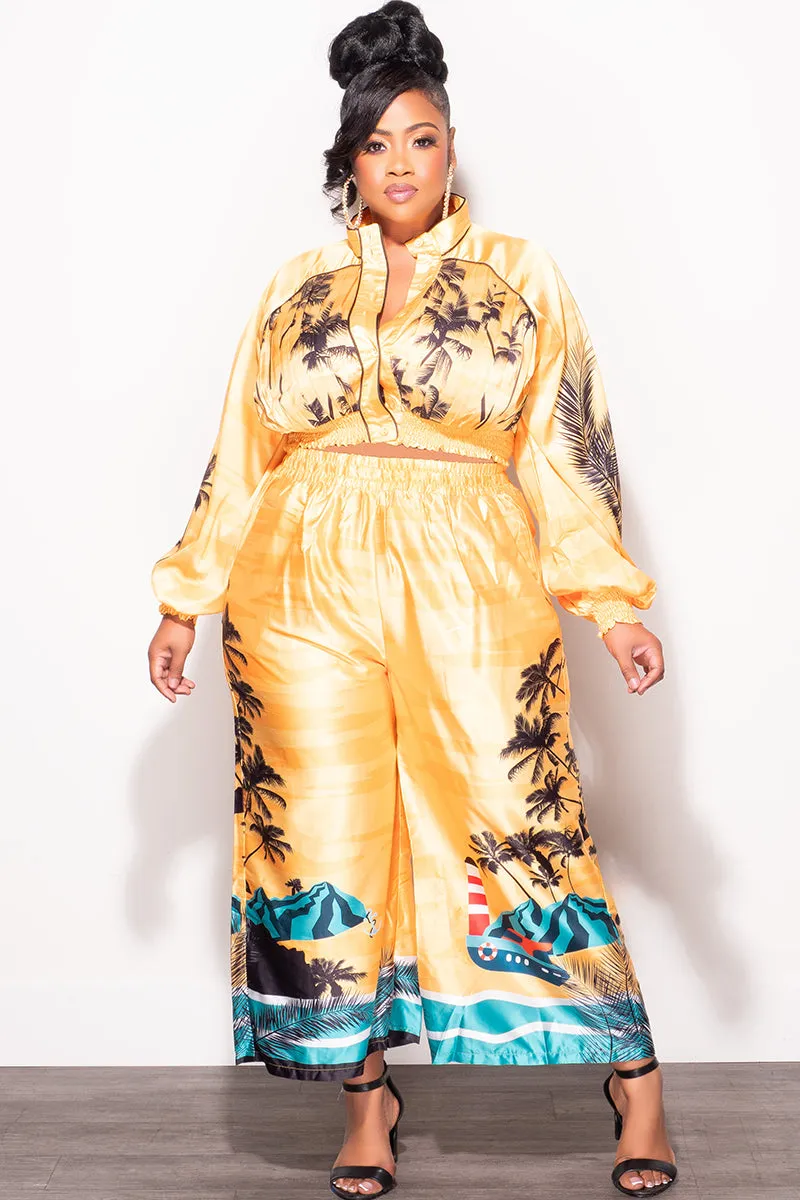 Final Sale Plus Size 2pc Satin Set with Crop Top and Culottes Pants in Mustard Palm Print Easy Wear Ventilated Panels