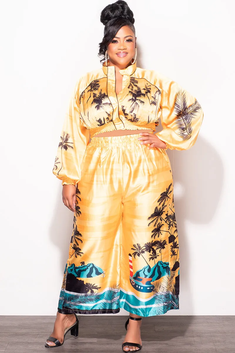 Flattering Design Final Sale Plus Size 2pc Satin Set with Crop Top and Culottes Pants in Mustard Palm Print