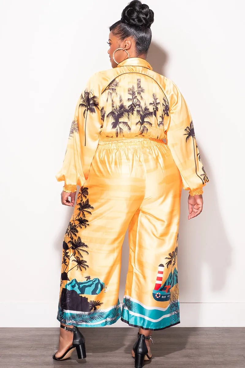 Final Sale Plus Size 2pc Satin Set with Crop Top and Culottes Pants in Mustard Palm Print Stay Flexible