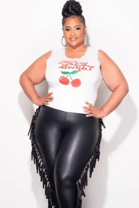 ComfortWaistband Final Sale Plus Size "Cherry Bomb" Graphic White Ribbed Tank with Red and Green with Lace Detail