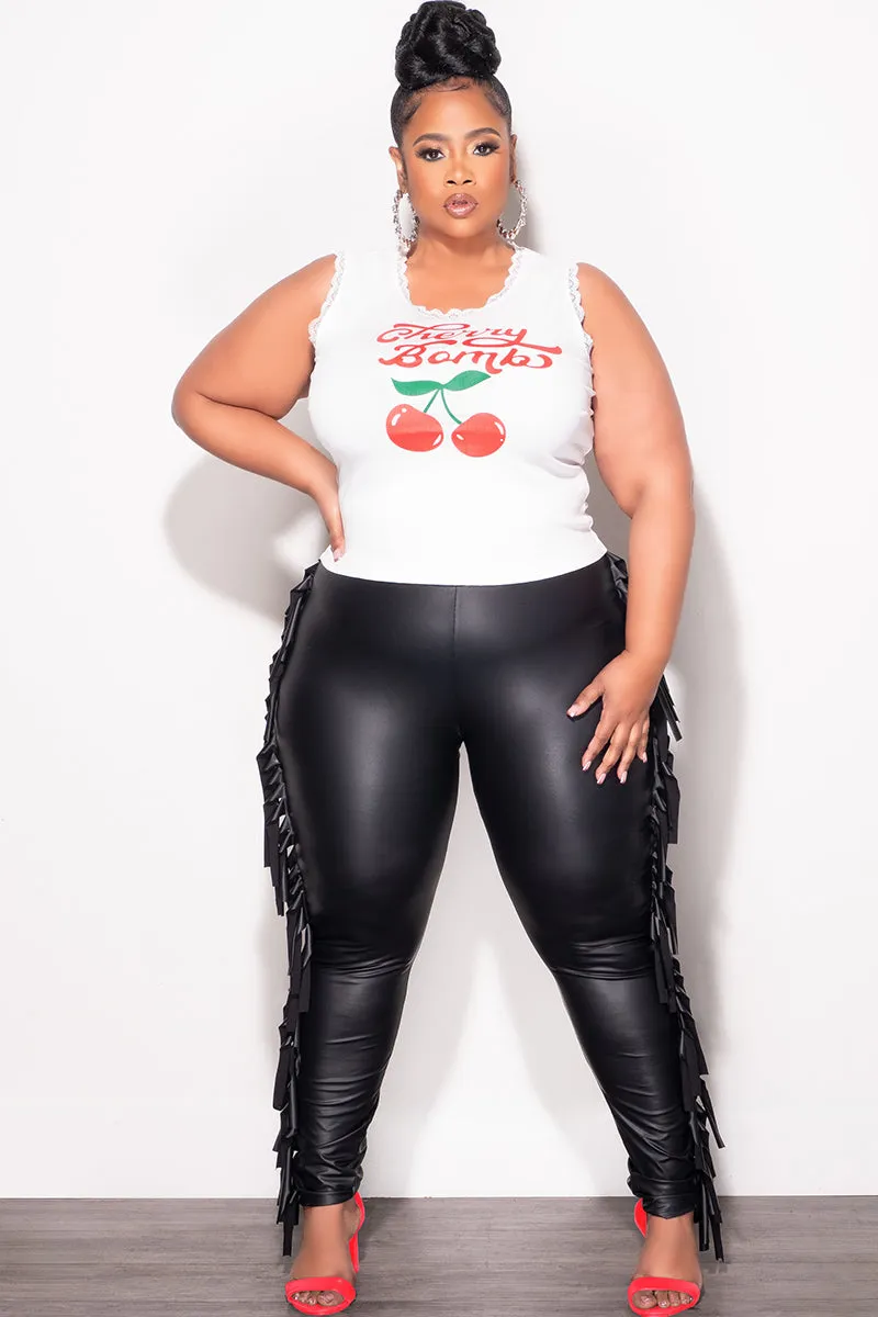 Final Sale Plus Size "Cherry Bomb" Graphic White Ribbed Tank with Red and Green with Lace Detail Flex Fit MoistureWickingFabric