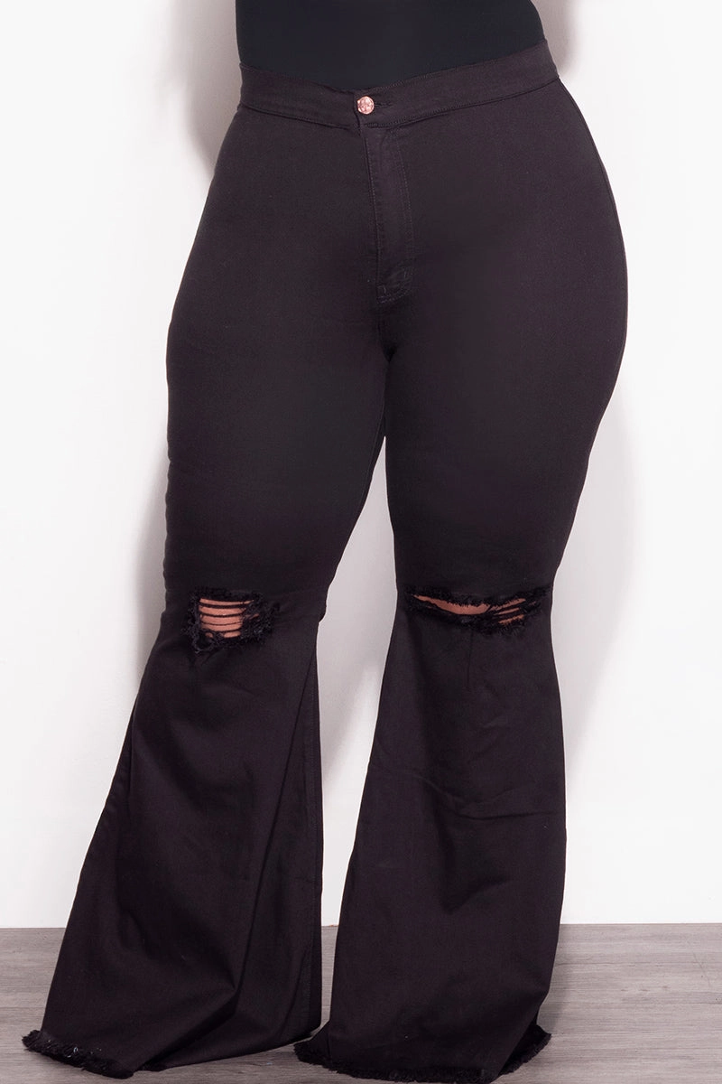 Final Sale Plus Size Wide Leg Denim Jeans with Distressed Knee in Black Comfy Waistband