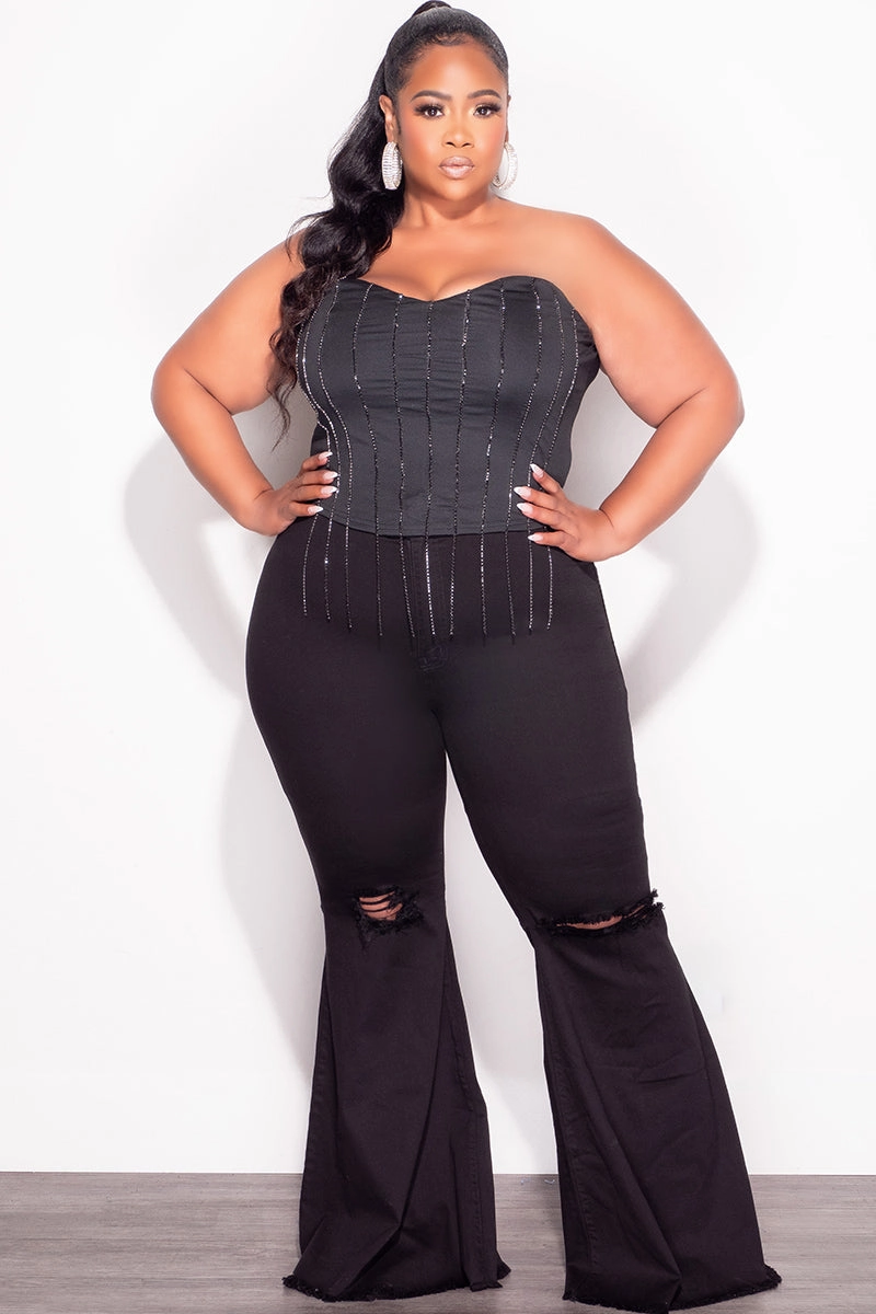 Final Sale Plus Size Wide Leg Denim Jeans with Distressed Knee in Black Casual Comfort Layers