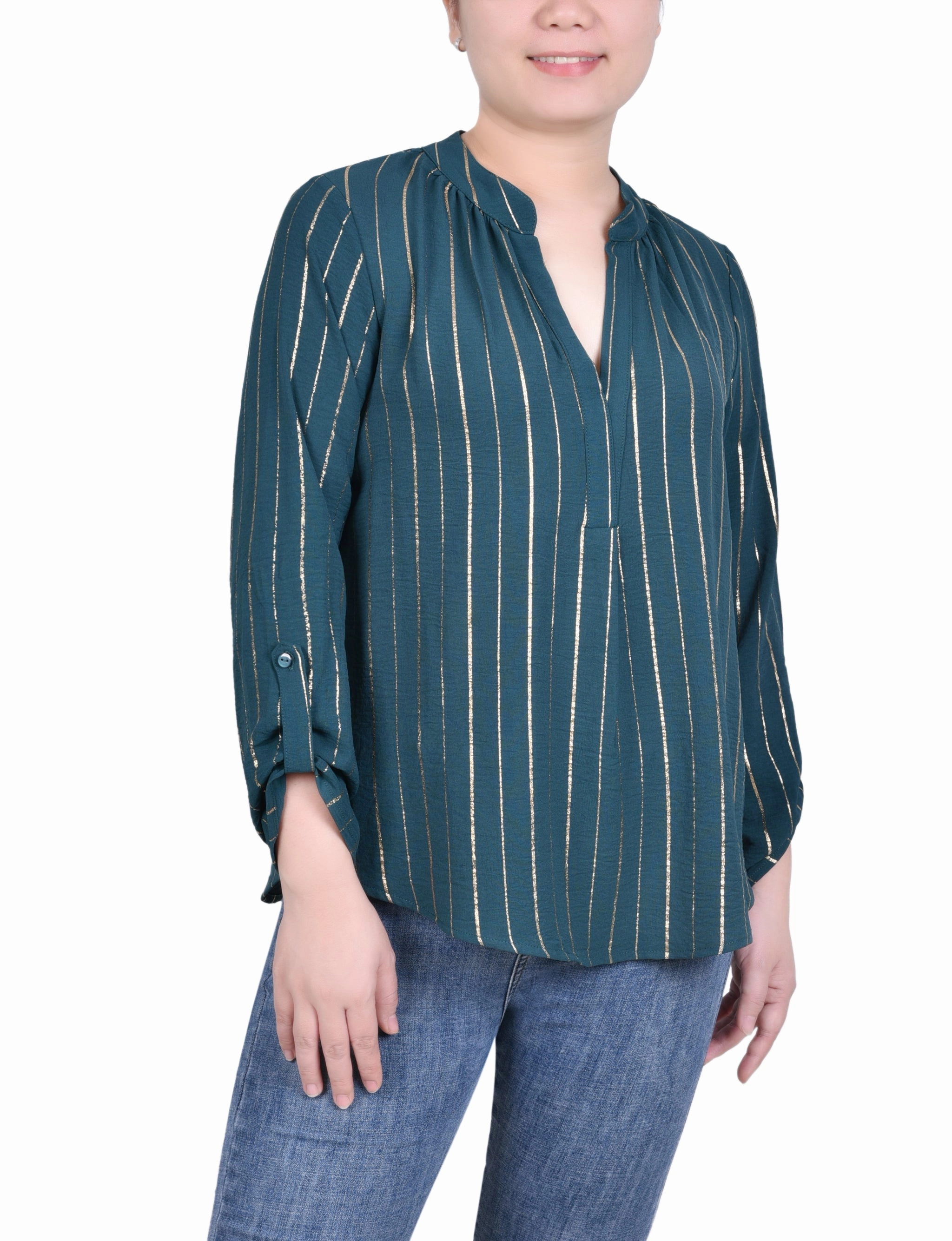Petite Long Sleeve Foil Striped Blouse EcoFriendly Dye Flowy Tunic