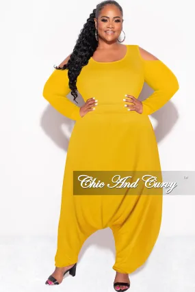 Final Sale Plus Size Cold Shoulder Harem Jumpsuit in Mustard Comfortable Fabric