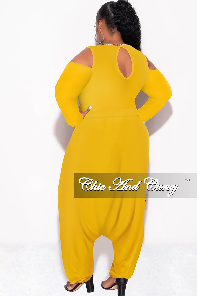 Quick Dry Technology ComfortFit Final Sale Plus Size Cold Shoulder Harem Jumpsuit in Mustard