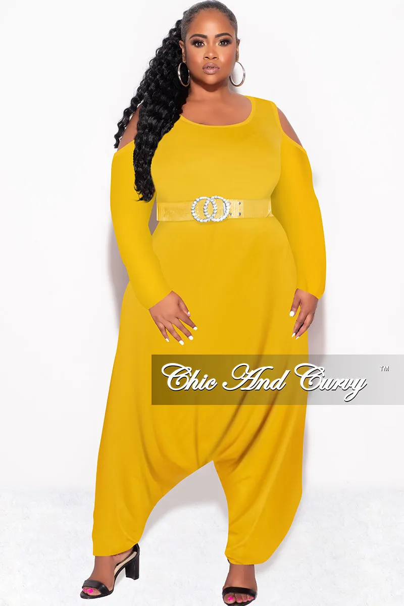 Smooth zipper closure Effortless Look Final Sale Plus Size Cold Shoulder Harem Jumpsuit in Mustard