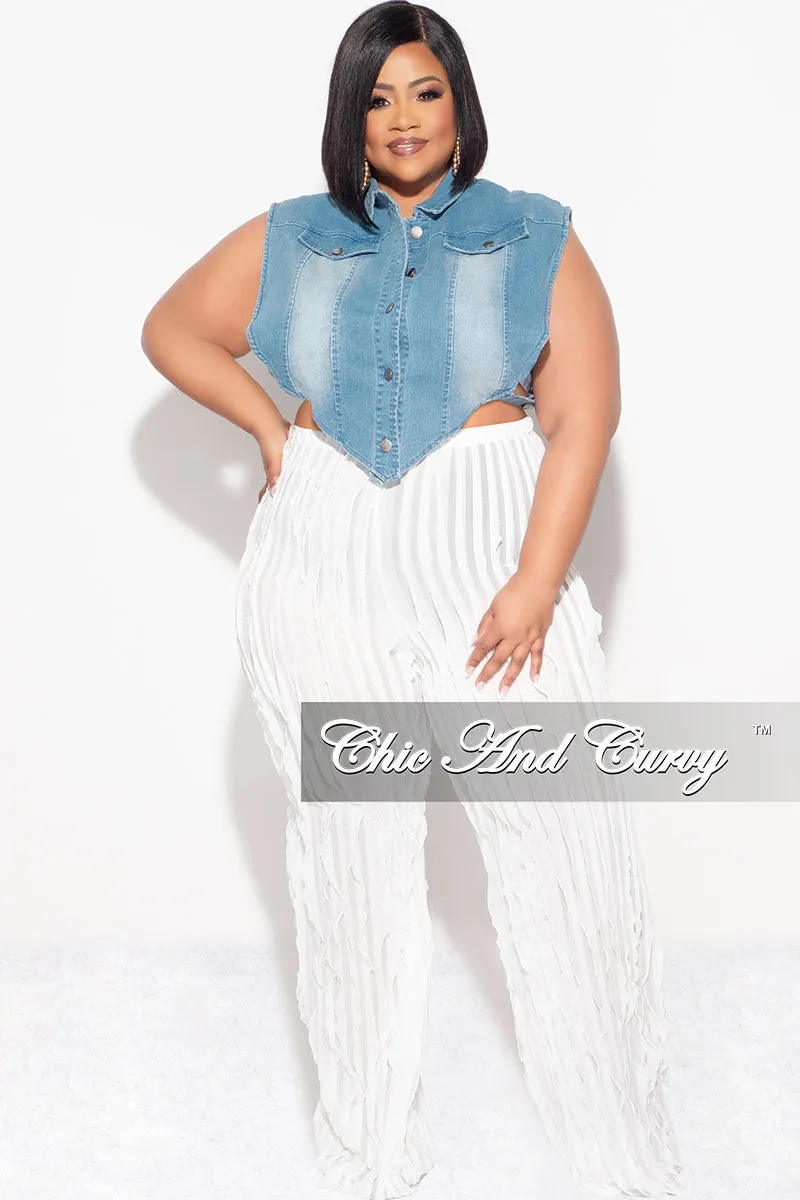 Final Sale Plus Size Button Up Collar Crop Vest with Cutout Sides in Medium Denim (B Denim) Commuter Ready Secure Waistband