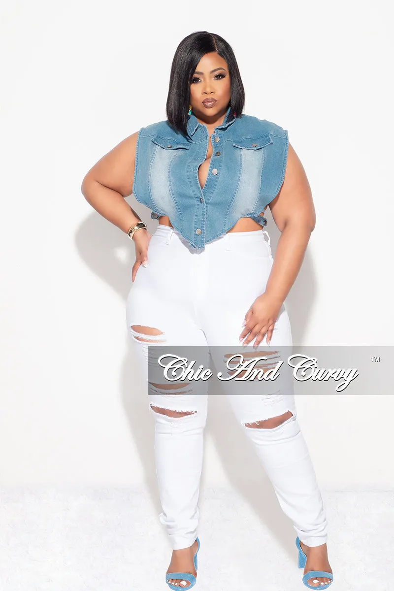 Final Sale Plus Size Button Up Collar Crop Vest with Cutout Sides in Medium Denim (B Denim) Light Fit Wear Fitted waist
