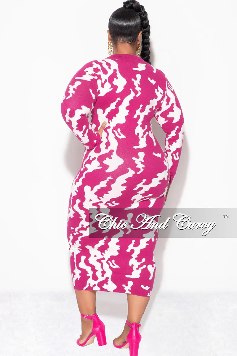 Final Sale Plus Size Button Up Midi Sweater Dress in Pink Fuchsia and Off White Design Print Urban Look