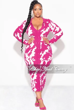 Final Sale Plus Size Button Up Midi Sweater Dress in Pink Fuchsia and Off White Design Print Stay Cool