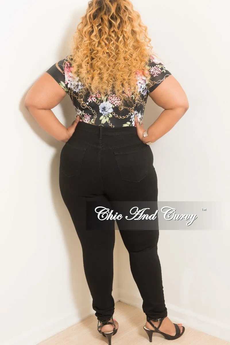 UltraSoftLining Durable Weave Final Sale Plus Size Chain Print Bodysuit in Black Floral Print