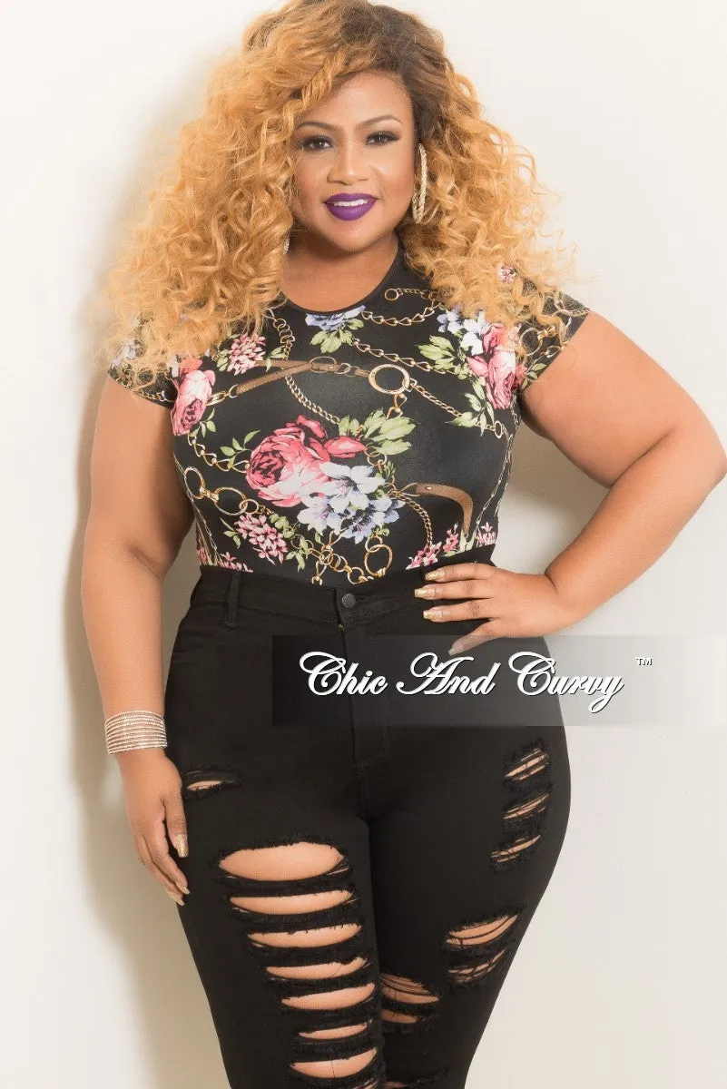 Final Sale Plus Size Chain Print Bodysuit in Black Floral Print Easy Pack