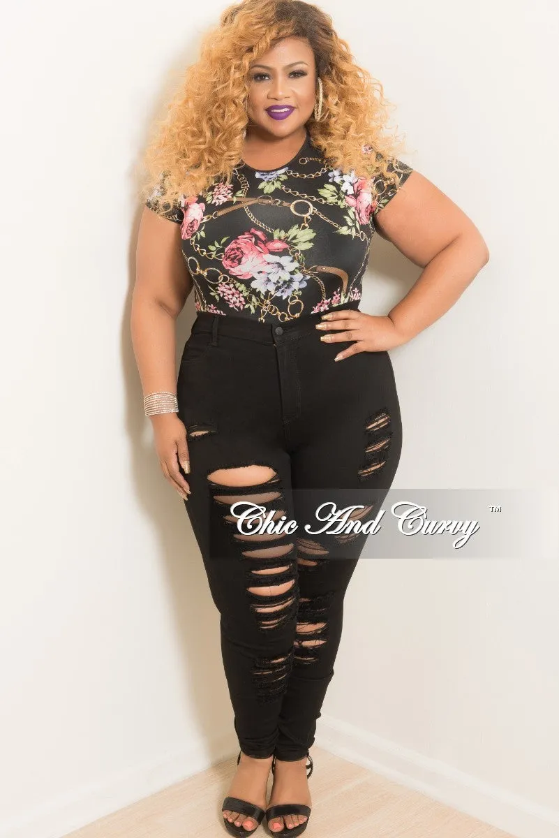 Final Sale Plus Size Chain Print Bodysuit in Black Floral Print Body Ready