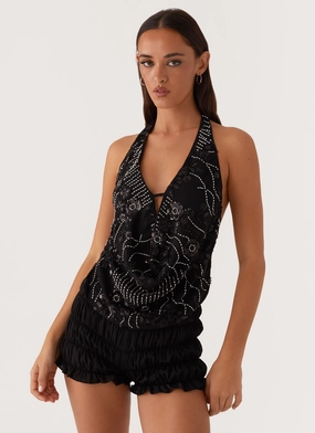 Gail Beaded Cowl Halterneck Top - Black LongSleeve