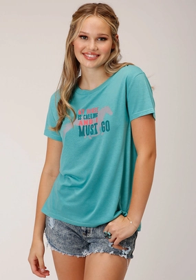 Roper Womens My Horse is Calling Blue Poly/Rayon S/S T-Shirt Bold Print Loose style