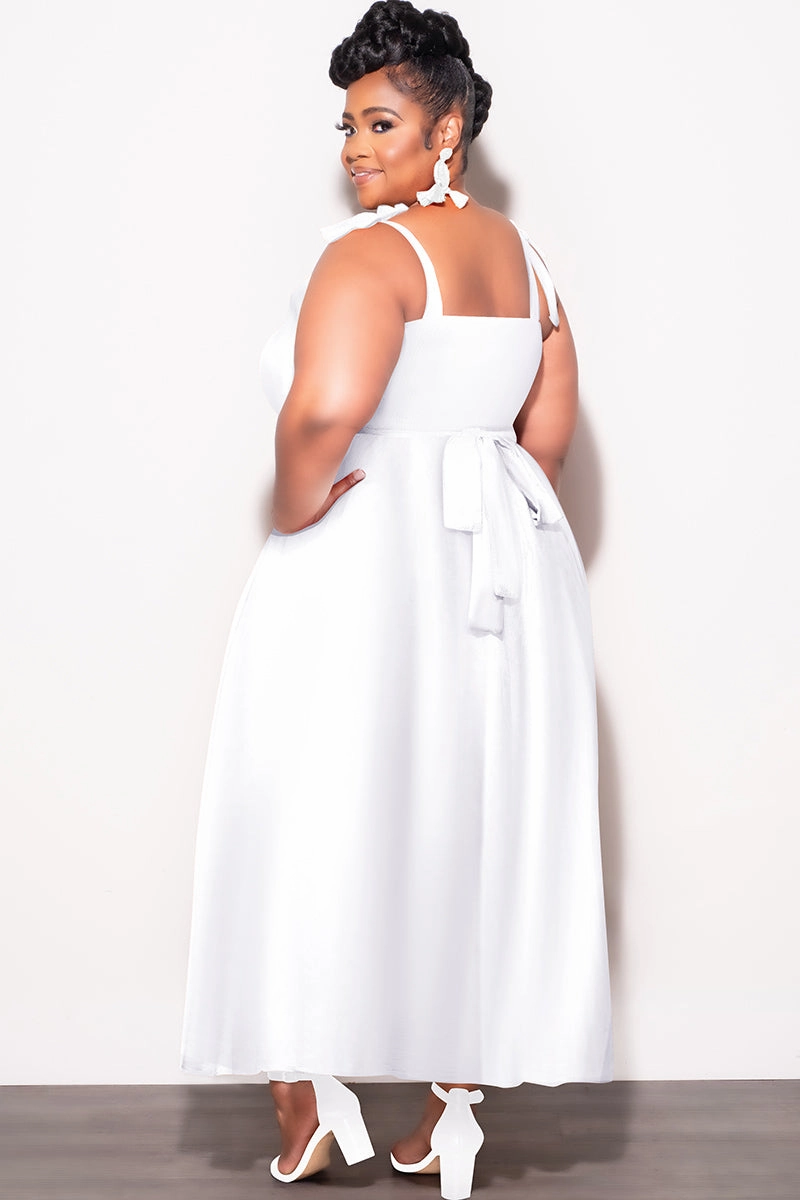 Final Sale Plus Size Self Tie Strap Light Weight  Linen Blend Dress in Off White Flexible shape Back pockets