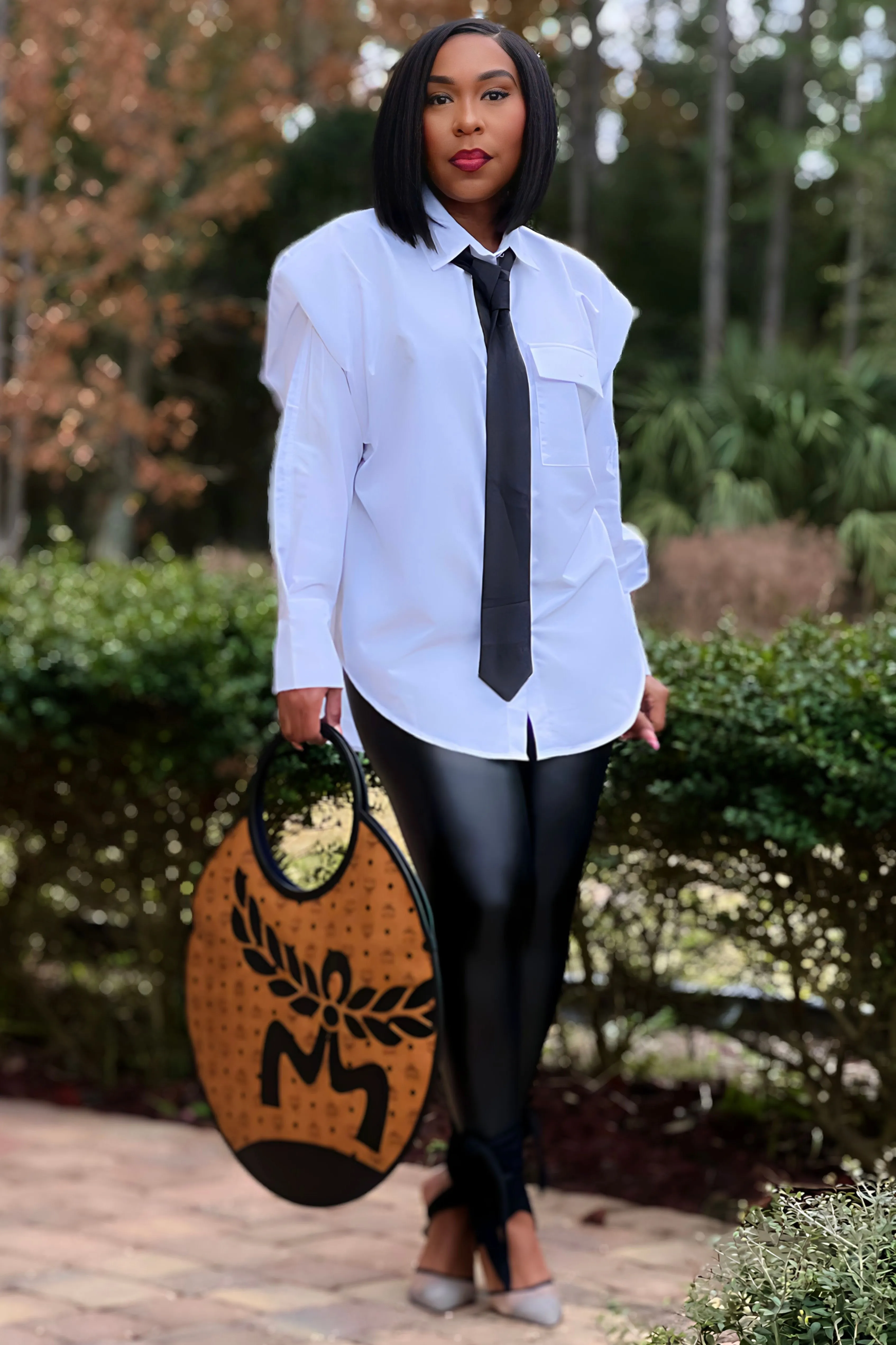 Geneva Strong Shoulder Button Up Tunic With Neck Tie DoubleStitched Hemming Stretch Weave Construction