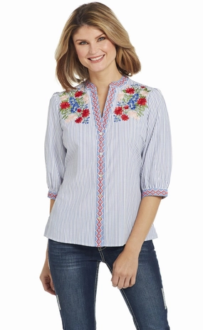 Layering Essential Cowgirl Up Womens White/Blue Cotton Blend Floral Blouson Blouse S/S